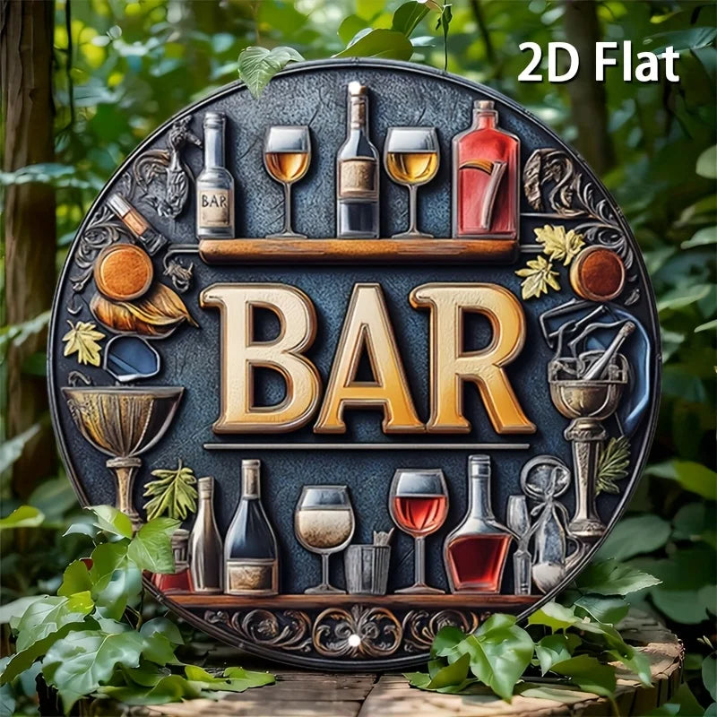 2D Flat, 1pc Vintage Metal Bar Sign - Elegant Wine & Glasses Design, Retro Aluminum Round Wall Art for Bars, Cafes, Beach Houses
