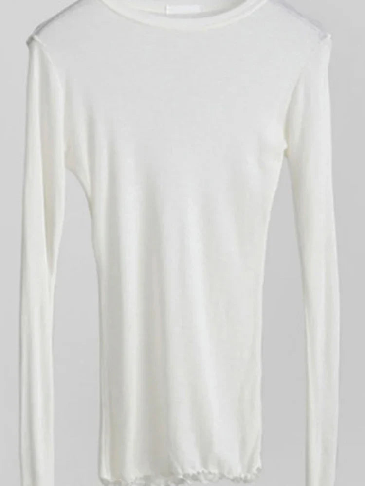 High Quality Plain T Shirt Women Cotton Elastic Basic T-shirts Female Casual Tops Long Sleeve Sexy Thin T-shirt see through