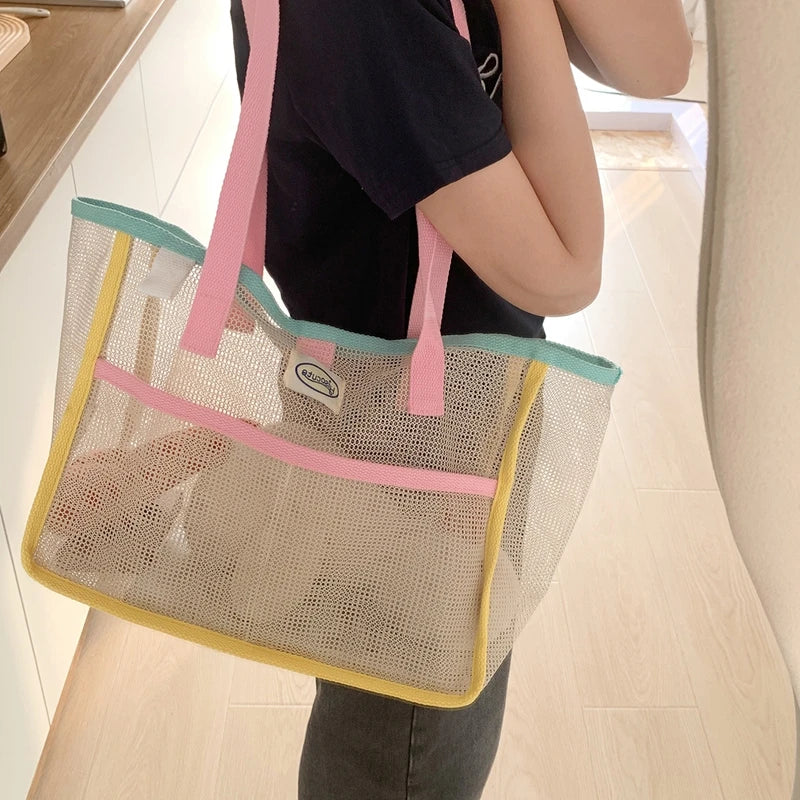 Ladies Summer Transparent Mesh Breathable Handbag Outdoor Beach Shower Handbag Large Capacity Beach Bags Portable Swimming Tote