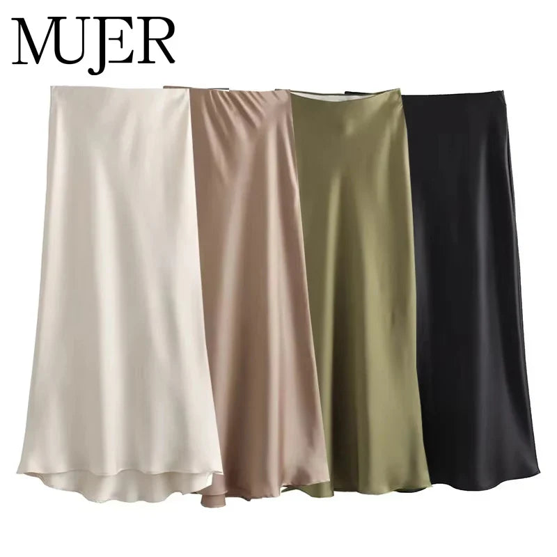 MUJER Woman 2026 Satin Skirt Women High Waist Long Skirts For Women Summer Black Midi Skirt Woman Office Elegant Women's Skirts