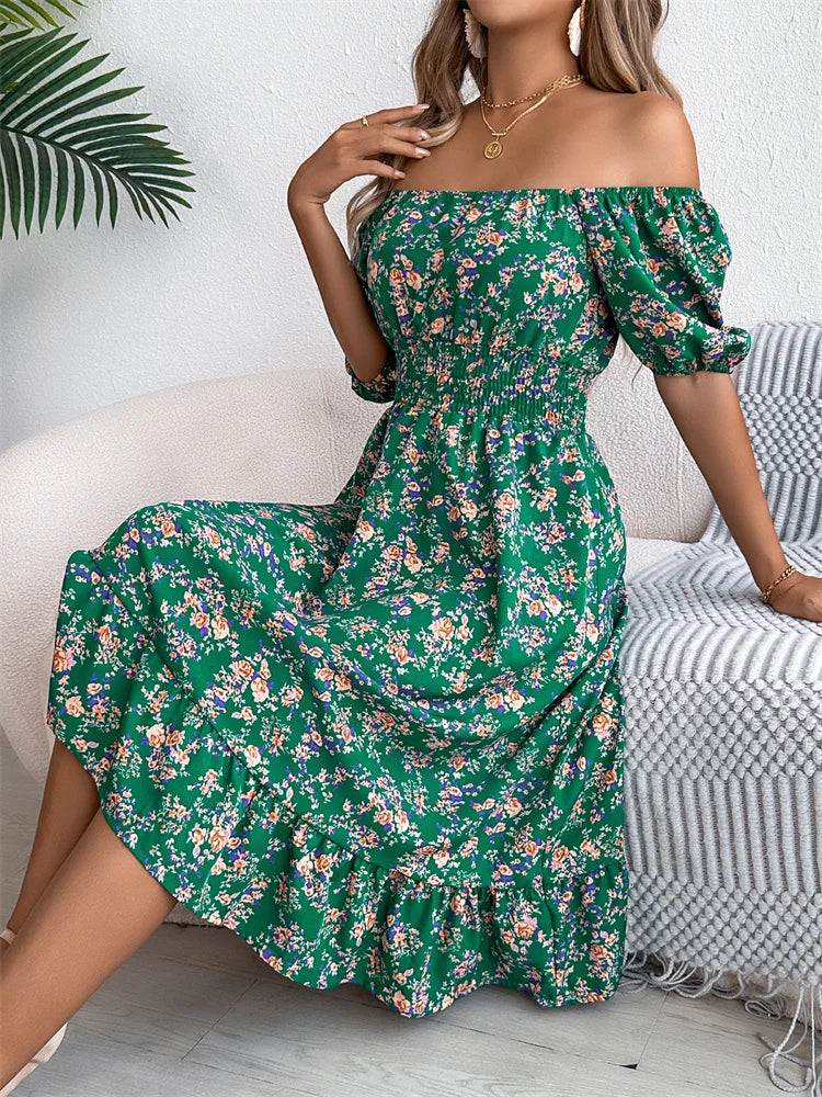 Msfilia Leisure Square Collar Spring Summer Dress Women Short Sleeve Loose Waist Design Lotus Leaf A-shaped Print Dress