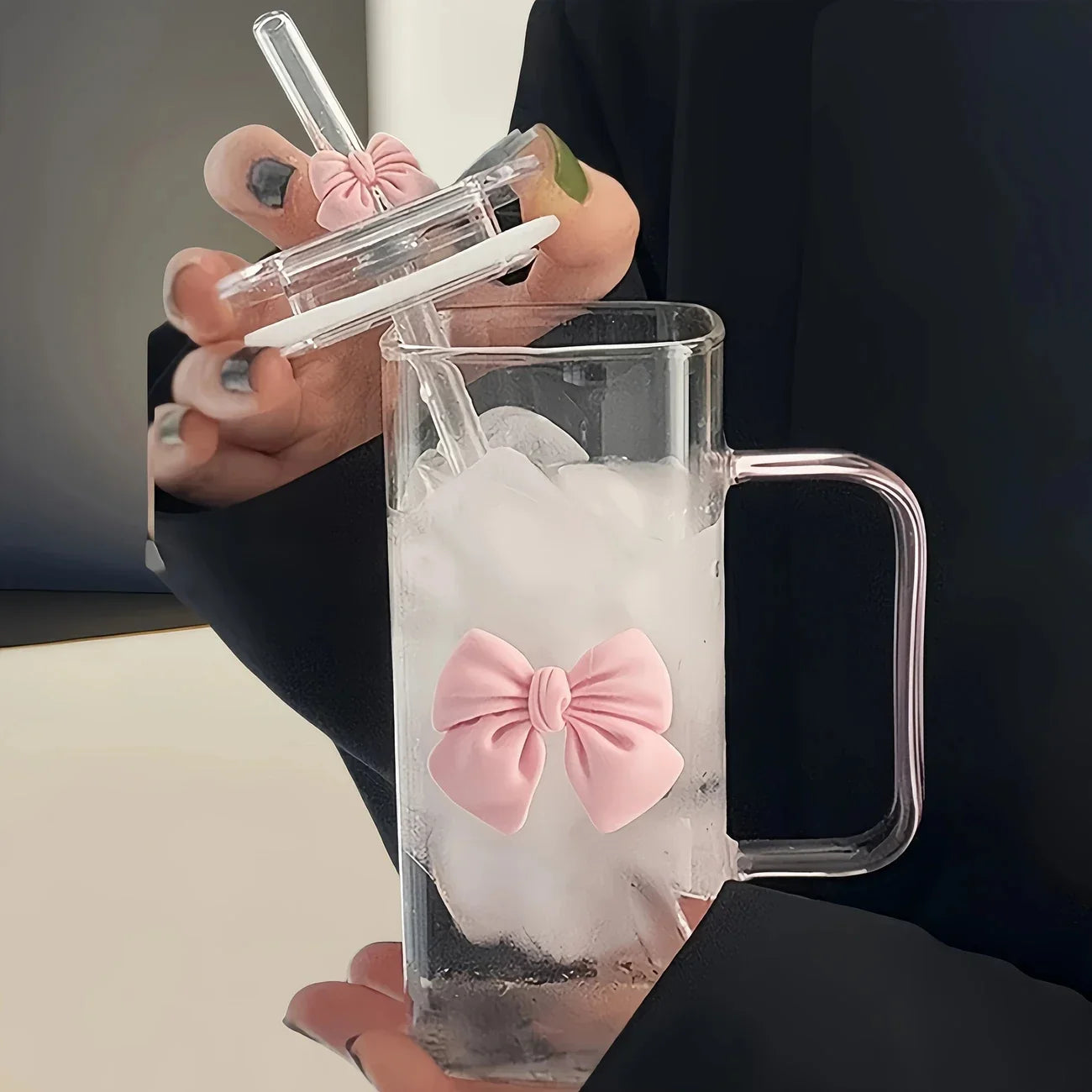 400mL Elegant Butterfly-Decorated Glass Tumbler with Straw & Handle - Reusable Freezer-Safe Water Cup for Coffee Juice Milk