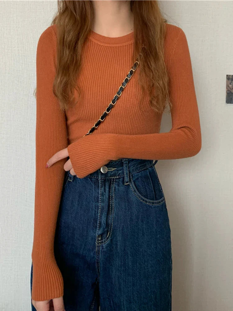 2026 New Women Sweater Autumn Winter Long Sleeve Pullover Basic Top Fashion O-neck Elastic Female Winter Solid Knitted Jumper