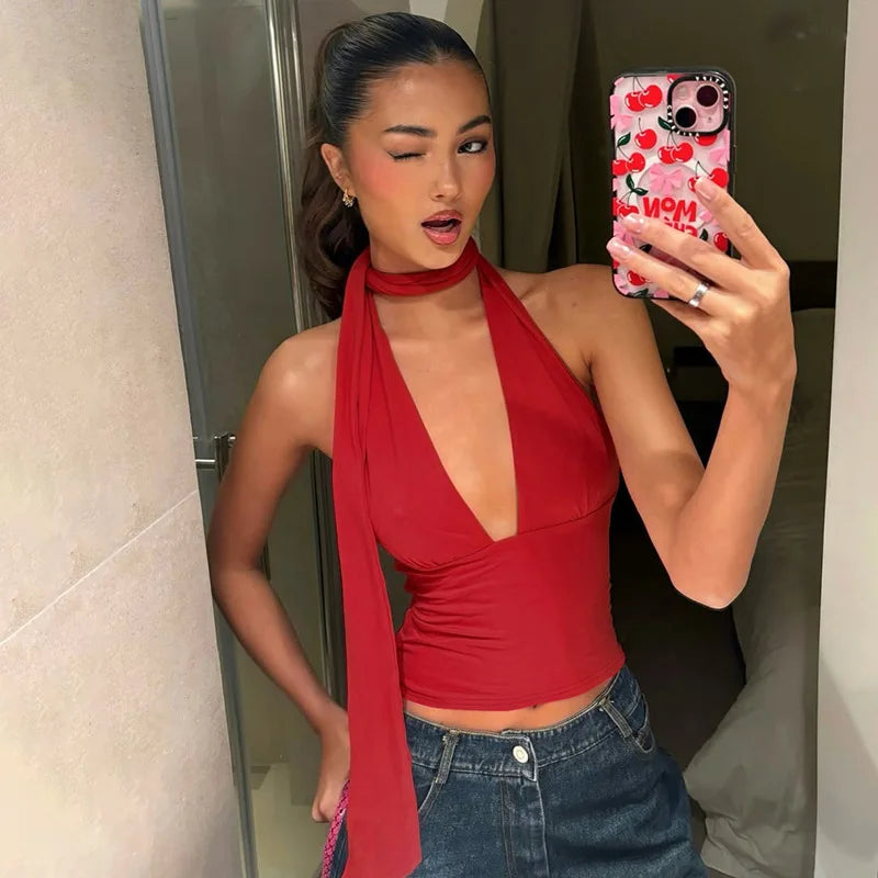 Summer new sexy neck strap low-cut back hollow camisole top
