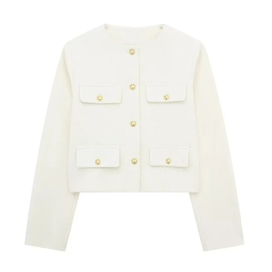 HH Women Vintage Solid Coat Button Long Sleeve O Neck Jacket With Pocket 2024 Spring Elegant Female Casual Outerwear Jakcet