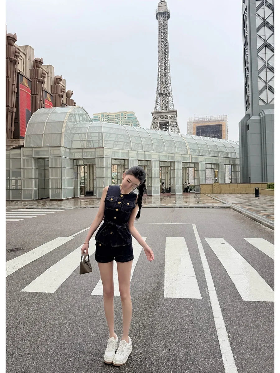 High Waist Ladies First Design Denim Shorts Spring New Style Slimming Outer Pocket Button Casual Pants for Women