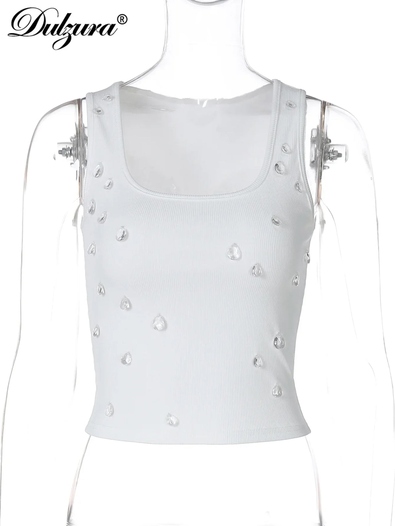 Dulzura Ribbed Sleeveless Water Droplets Diamond Decorated Tank Sexy Casual Bodycon Top Party Club Streetwear Spring Summer