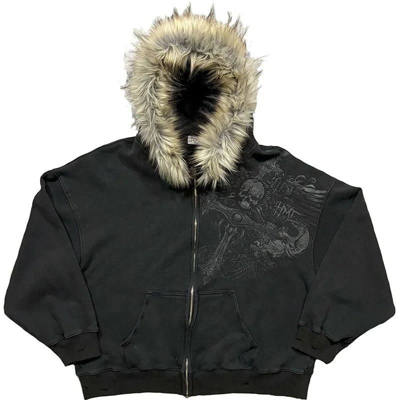 Autumn/Winter Y2k Women Aesthetic Harajuku Faux Fur Collar Hoodies Clothes Graphic Hip Hop Punk Gothic Zip Up Hoodies 2026 new