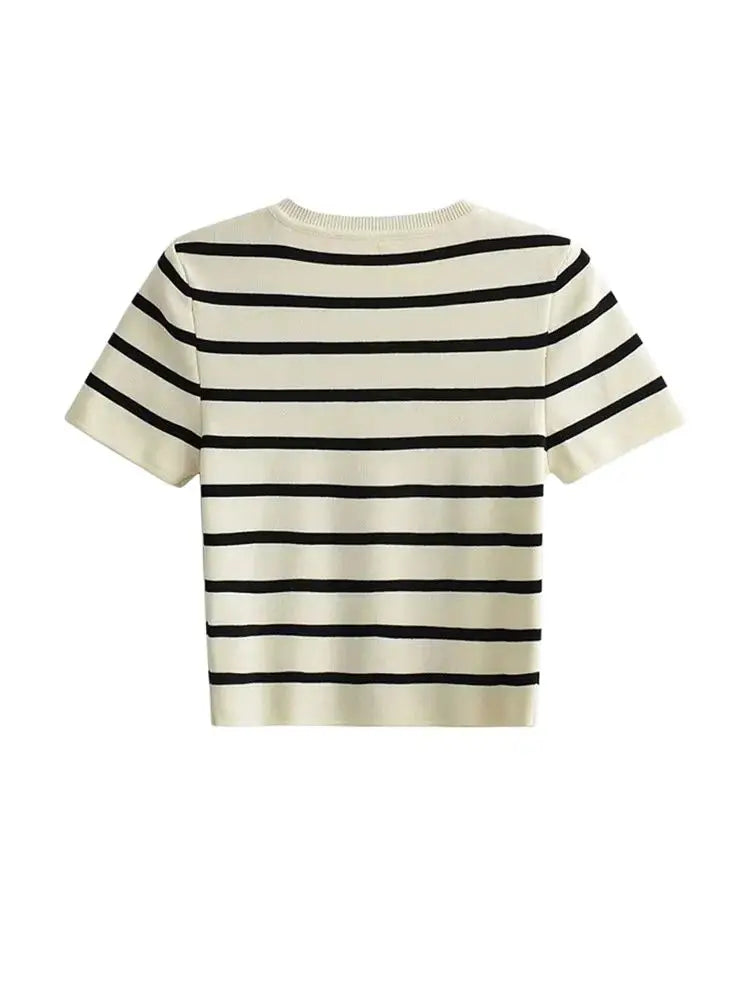 Women Fashion Striped Basic Cropped Knit Sweater Vintage O Neck Short Sleeve Female Pullovers Chic Tops