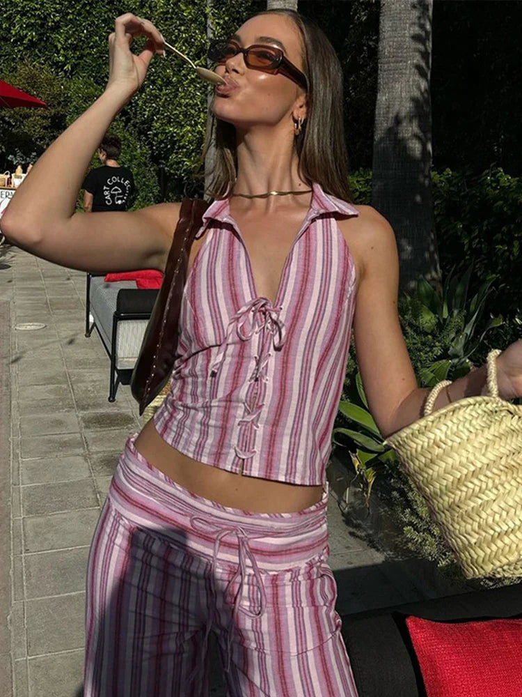 Striped Lace Up Vest Pants Set Women Sleeveless Backless Top High Waisted Trousers Sets Female 2024 New Lady Streetwear Outfit
