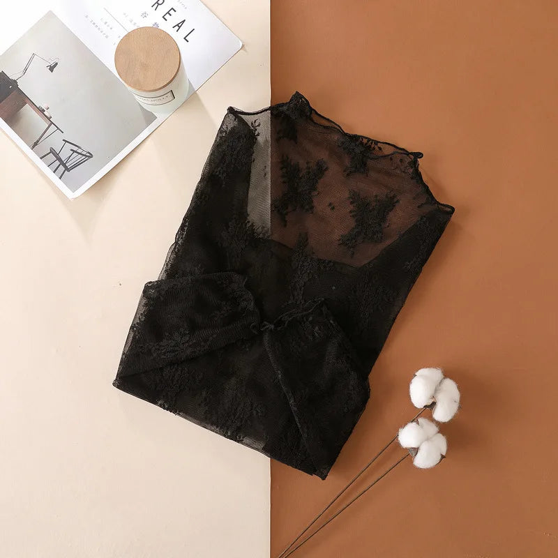 Sexy Women Mesh T-Shirts Transparent Lace Blouse Long Sleeve See Through Tops For Women Bottoming Shirt Sheer Tees Body Crop Top