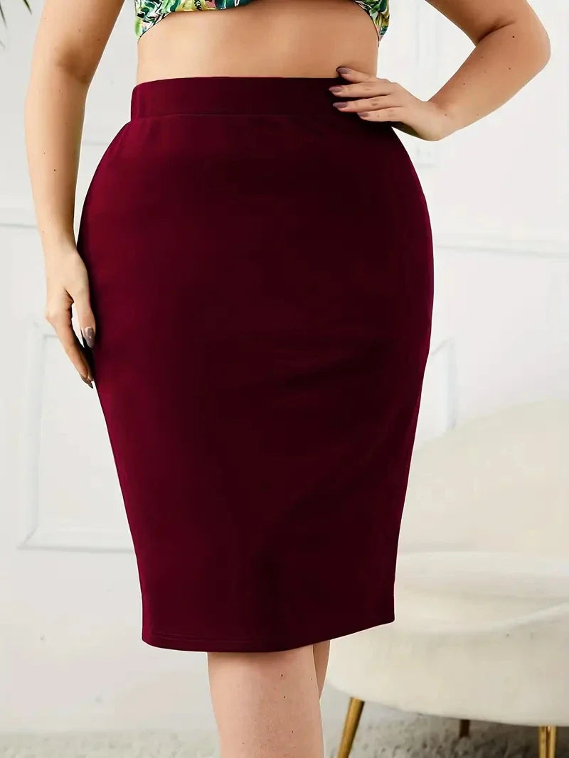 2026 Summer Plus Size Solid Slim Skirt, Casual High Waist Slit Skirt, Women's Plus SizeClothing
