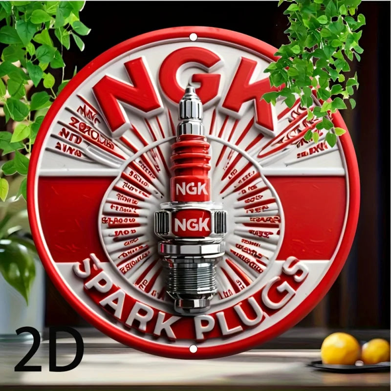 2D Flat, NGK Spark Plugs Aluminum Wall Sign, Retro 2D Round Metal Tin Plaque, Pre-Drilled, Waterproof, Weather-Resistant