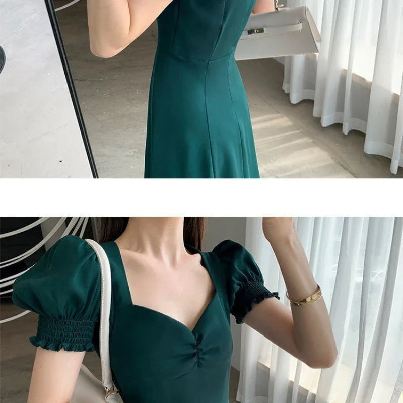 Women Summer V-neck Puff Short-sleeved Dress Elegant Female Side Slit Long A-Line Dresses Solid Sexy Slim Evening Party Vestidos