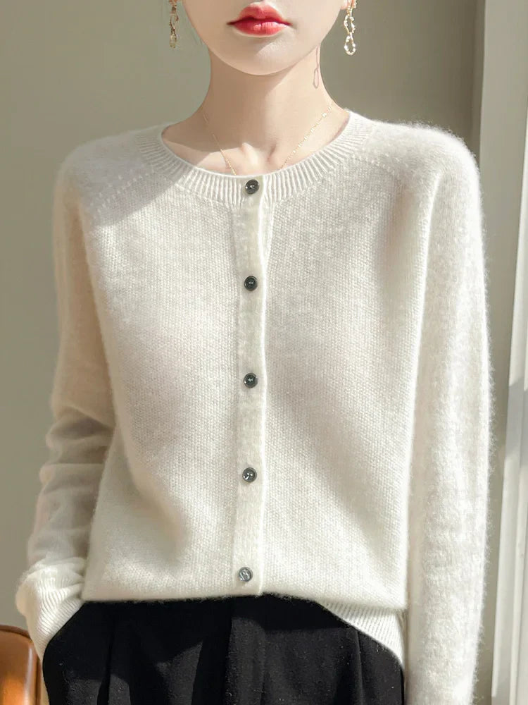 Women 100% Merino Wool Cardigan Soft O-Neck Cashmere Sweater OL Buttoned Knitwear Casual Top Clothing Korean Style