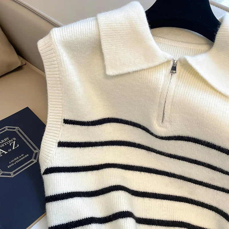Korean Retro Lapel Zipper Stripe Knitted Vest Women Autumn Winter Sleeveless Sweater Casual 100% Polyester Pullover Outerwear