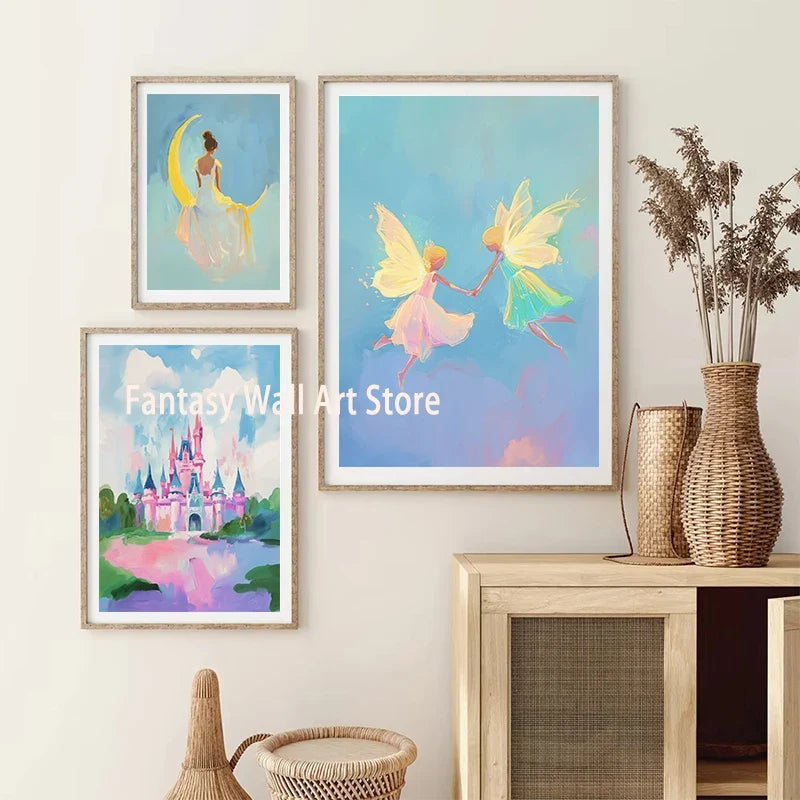 Fairy Tale World Illustration Poster Pink Castle Mermaid Illustration Wall Decor Nursery Room Kids Room Wall Decor Canvas Prints