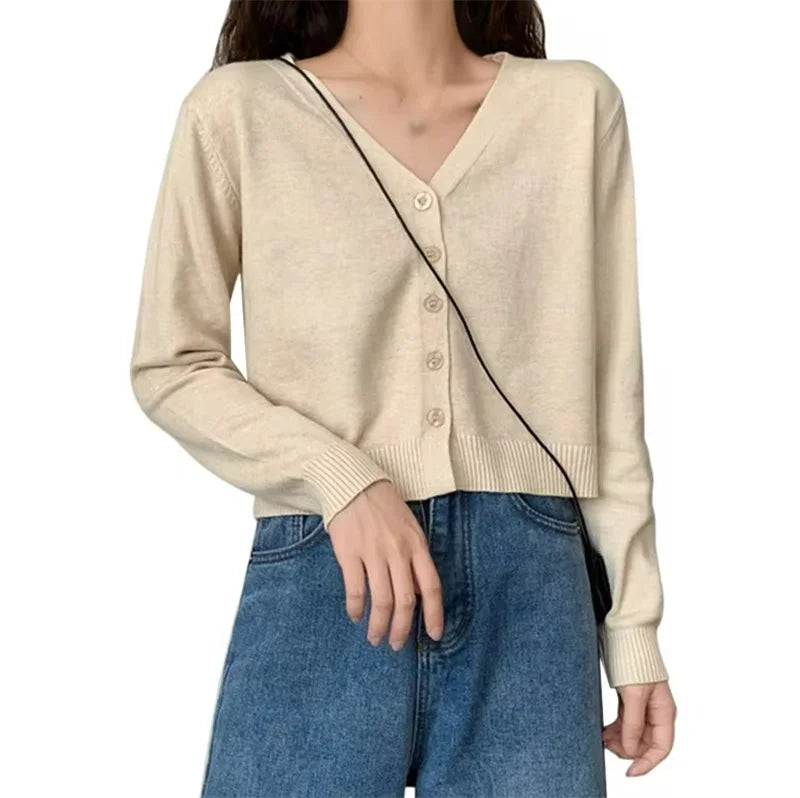 Women's Long Sleeve Cropped Cardigan V Neck Button Down Knit Lady Autumn Spring Knitted Single-breasted Cardigan Sweaters