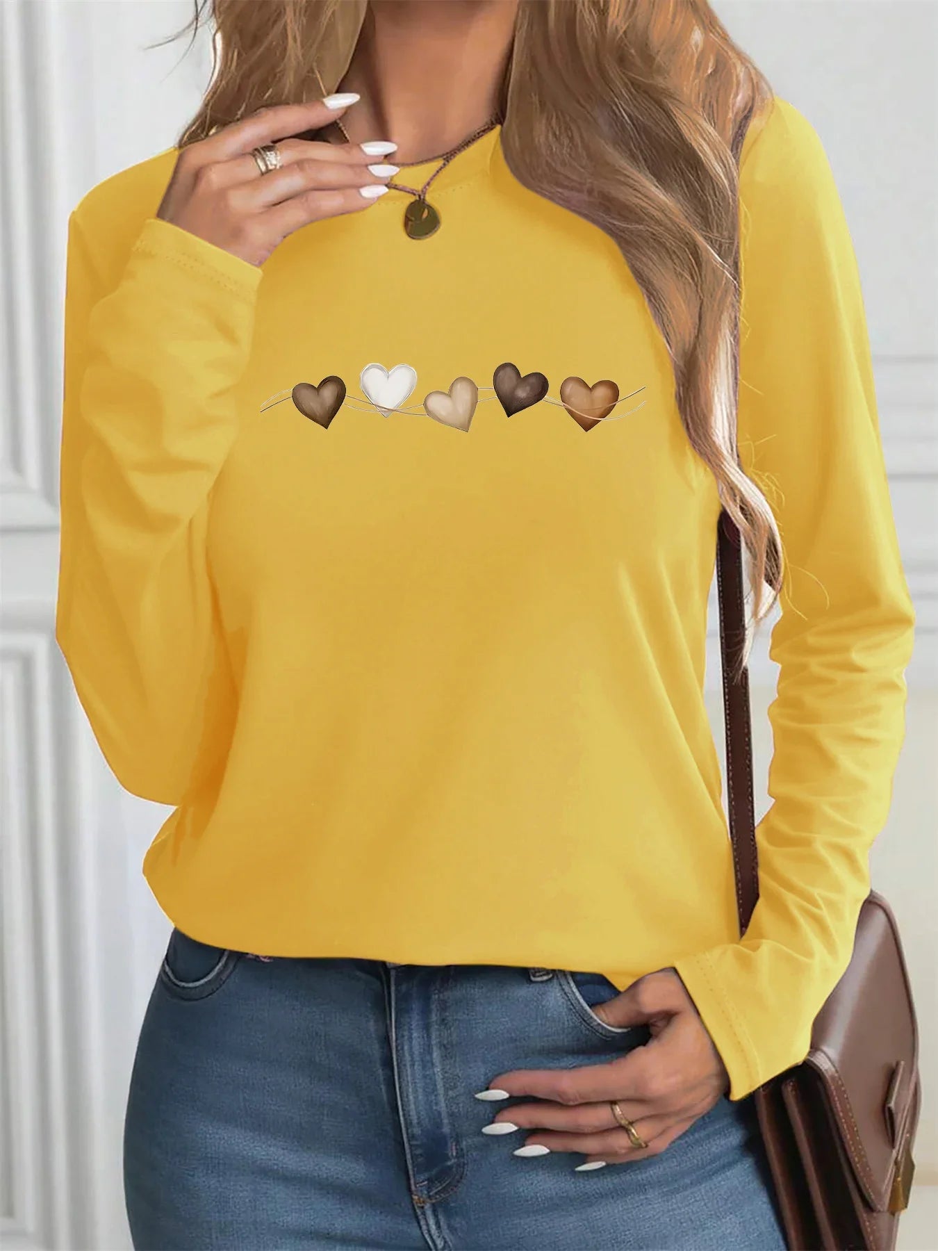 Women's autumn and winter 100% pure cotton fashionable casual heart-shaped printed round neck long sleeved T-shirt top
