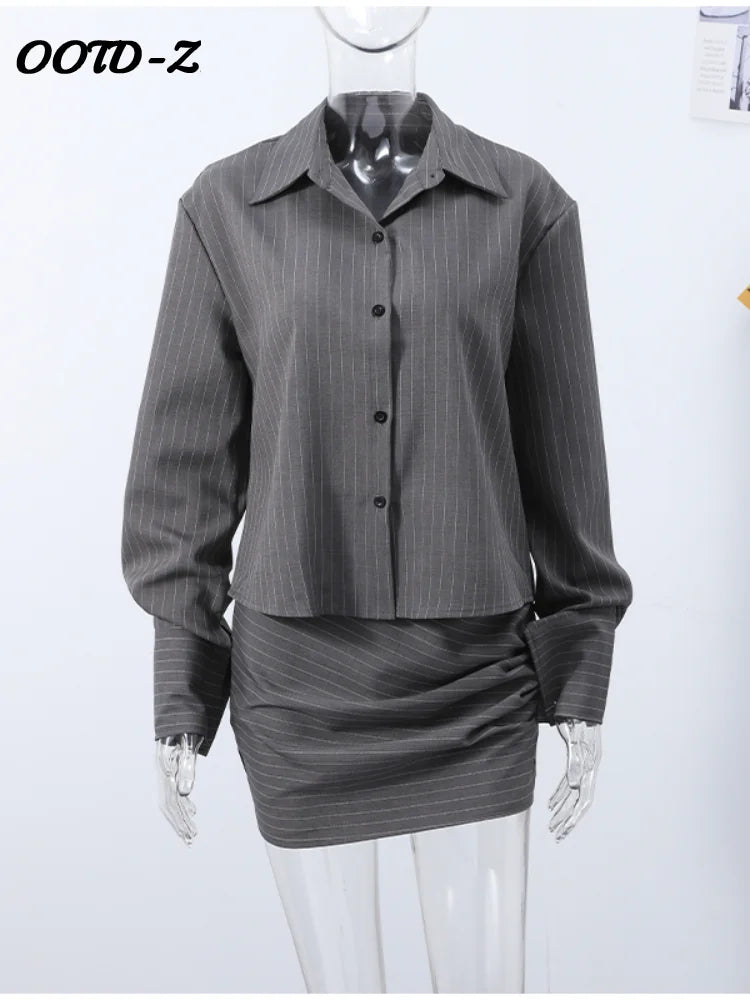 Sexy Striped Mini Skirt Set Women Elegant Lapel Single-breasted Shirts Hip Package Skirts 2026 Spring Slim Fashion Lady Outfits