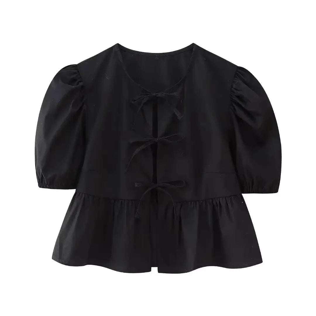 HH Fashion Solid Hollow Out Shirt Women Causal O Neck Short Sleeved Lace Up Tops Chic Female Casual Blouse Streetwear 2024