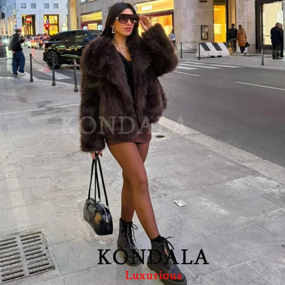 KONDALA Casual Brown Thick Fur Jackets Women Long Sleeve V Neck Autumn Winter Faux Fur Coats Fashion 2025 Streetwear Outwears