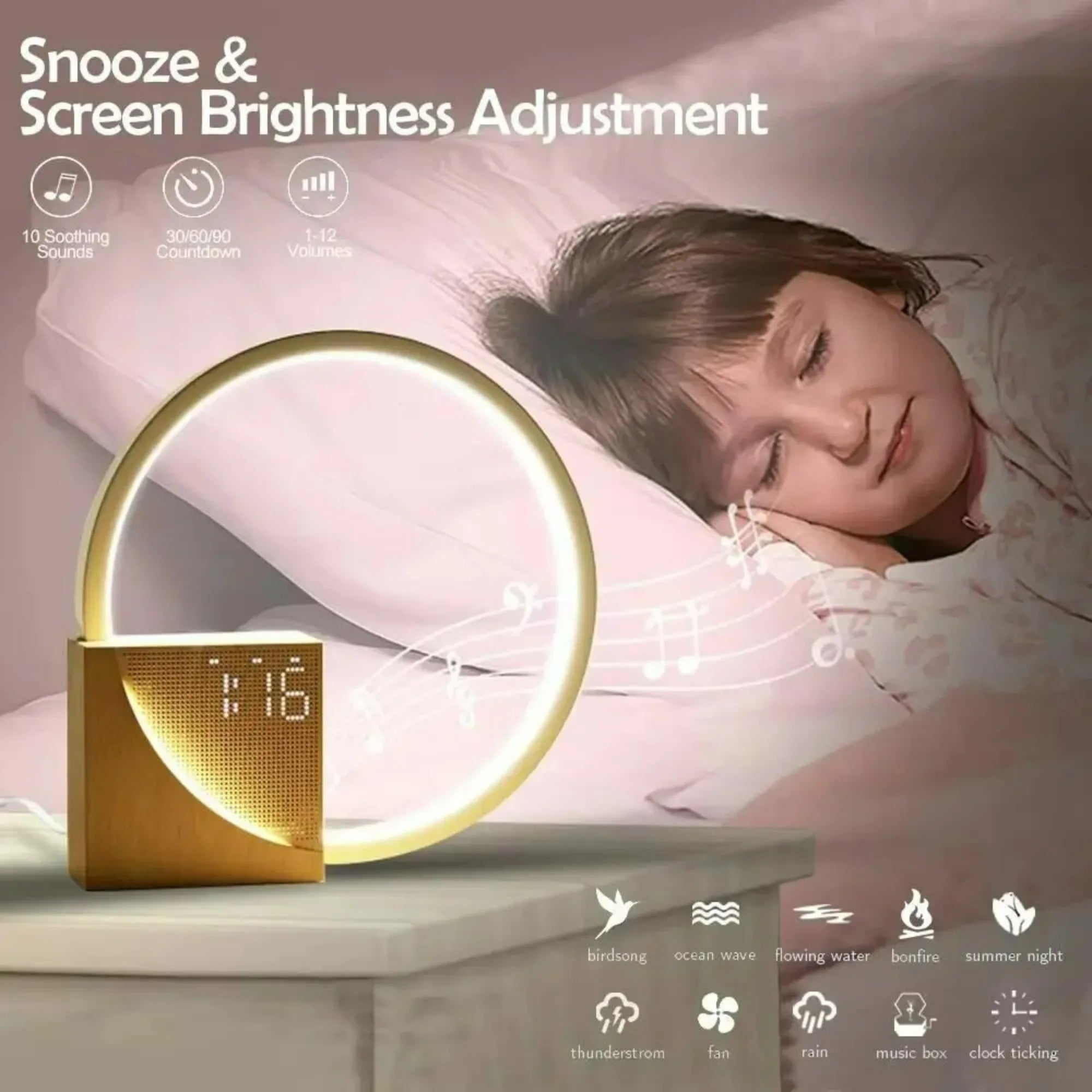 Alarm Clock Wake Up Night Light Phone Charging with White Noise Timing 3 Level Dimmable Touch Table Lamp for Bedroom Beside Lamp
