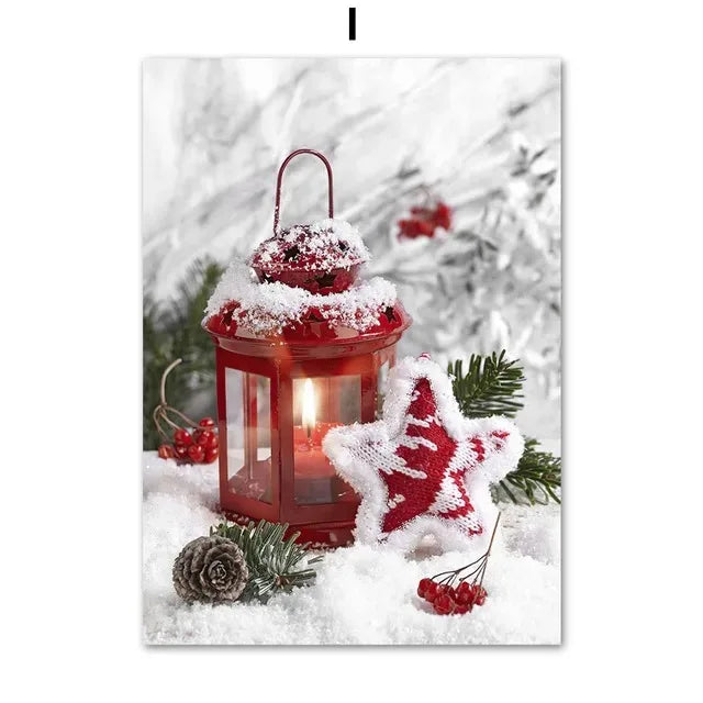 Winter Snow Scenery Picture Wall Art Canvas Painting Pine Santa Elk Poster and Print for Christmas Home Decor Living Room Design