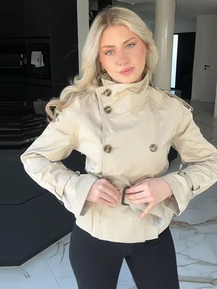 Fashion Flared Sleeve Women Coat Elegant Stand Collar Single Breasted Long Sleeved Female Jacket 2025 Autumn Commuter Lady Coats
