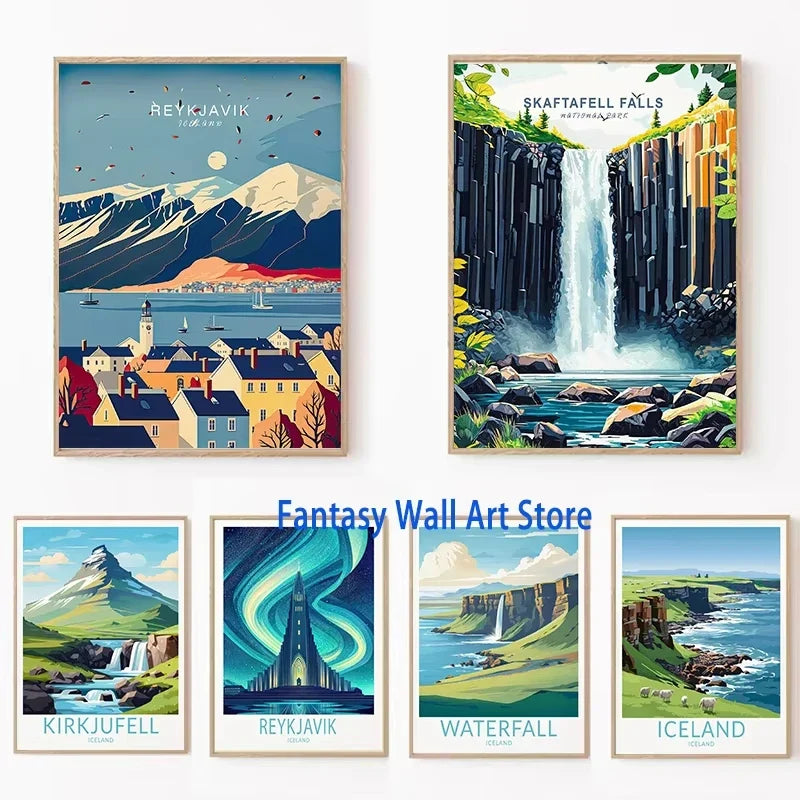 ICELAND Traveling Poster Iceland Reykjavík Kirkjufell Skaftafell Falls Landscape Canvas Painting Wall Pictures Traveling Decor