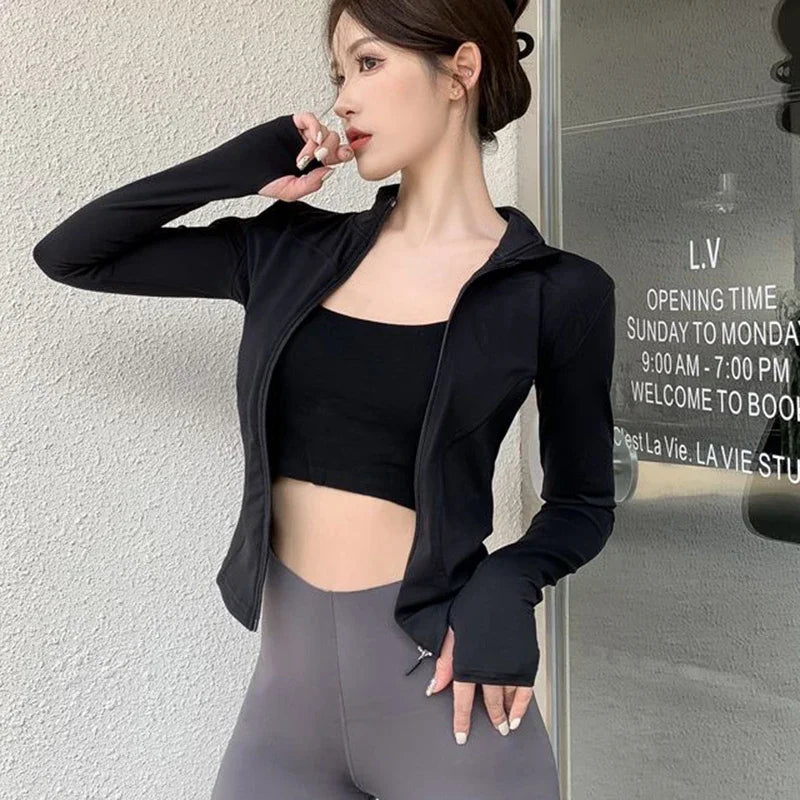 2026 Summer Slim Fit Long Sleeve T Shirt Women Wild Zipper Up Waist Slimming Yoga Tshirt Woman Tight UV Protection Crop Tops