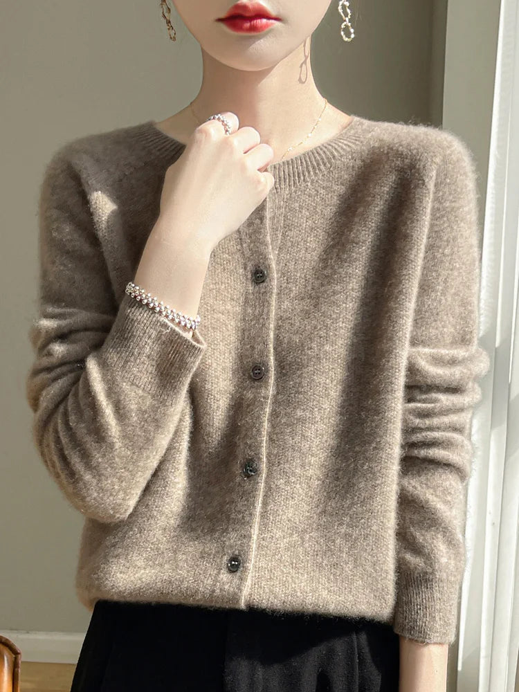 Women 100% Merino Wool Cardigan Soft O-Neck Cashmere Sweater OL Buttoned Knitwear Casual Top Clothing Korean Style