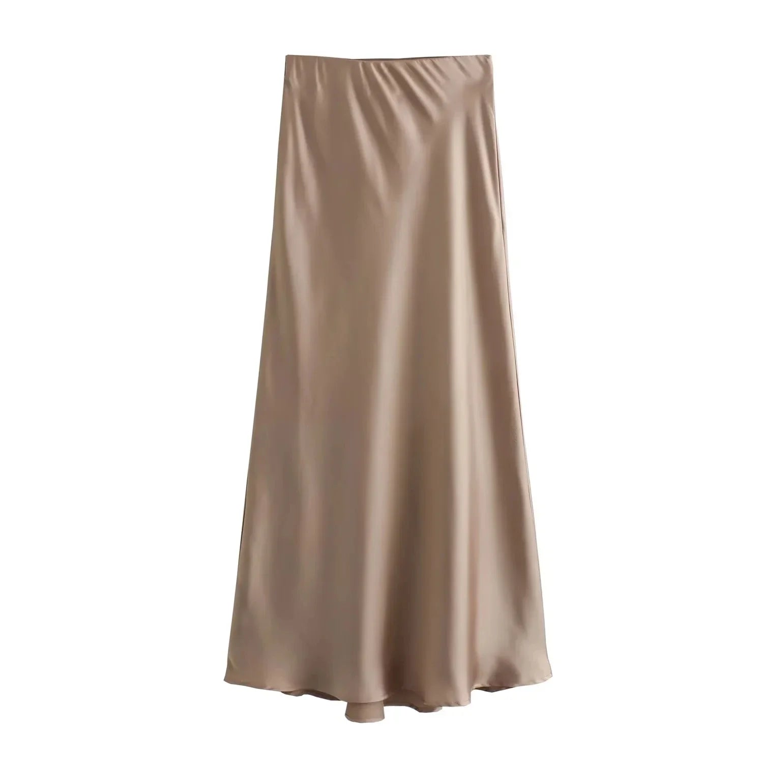 KONDALA Vintage Satin Solid Long Skirts Women High Waist Elastic Silky Skirts Fashion 2025 Spring Elegant Straight Skirts