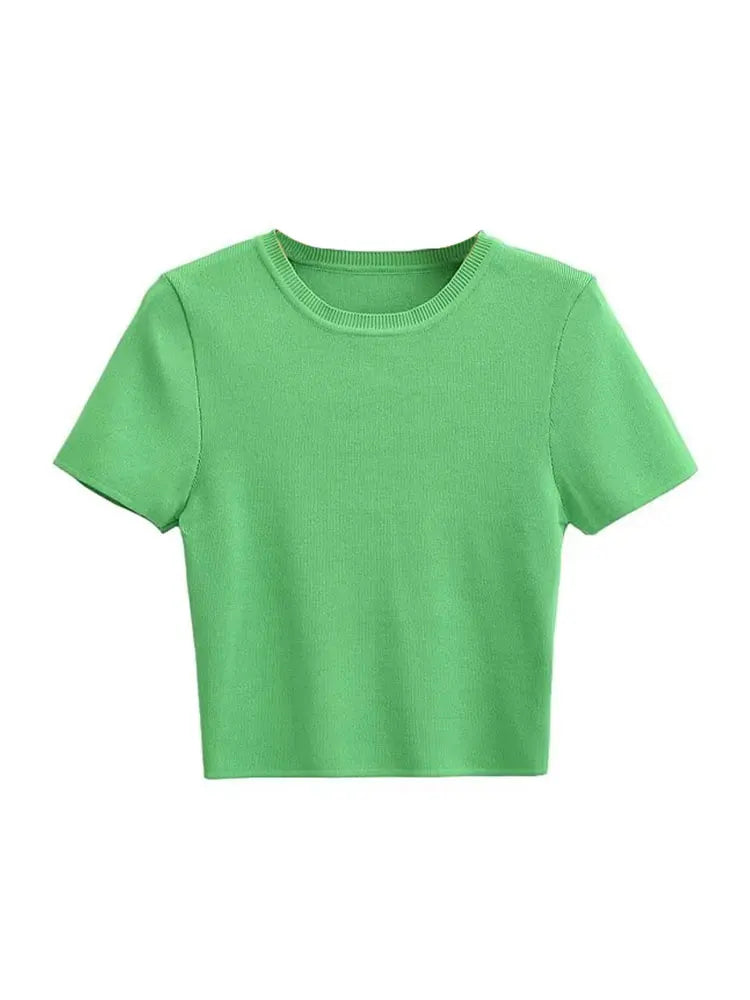 Women Fashion Striped Basic Cropped Knit Sweater Vintage O Neck Short Sleeve Female Pullovers Chic Tops