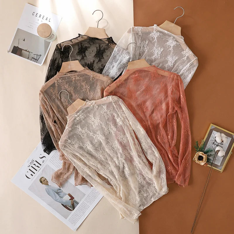 Sexy Women Mesh T-Shirts Transparent Lace Blouse Long Sleeve See Through Tops For Women Bottoming Shirt Sheer Tees Body Crop Top