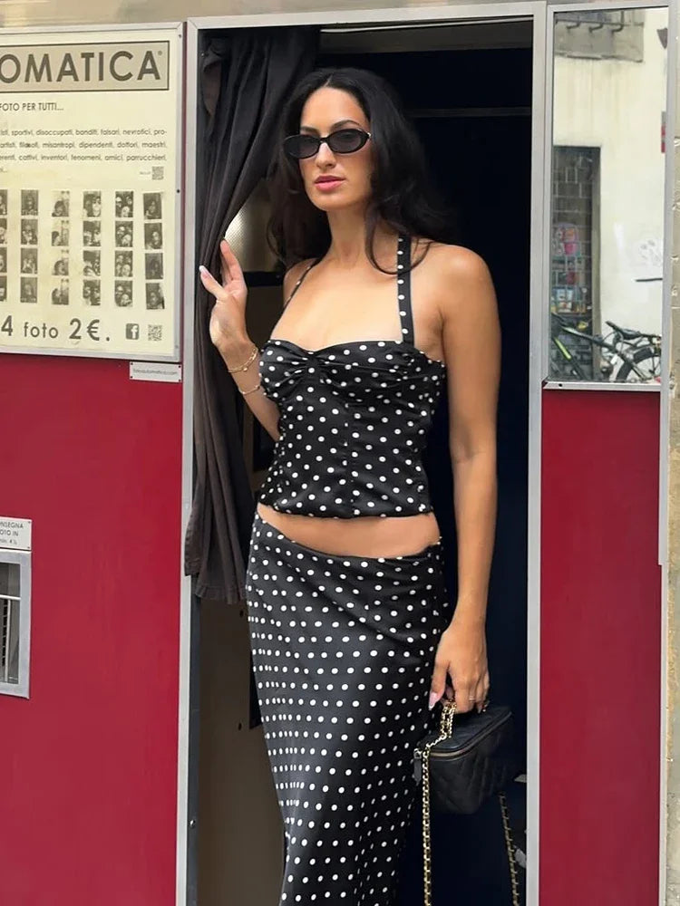 Retro Polka Dot 2-piece Set Lady Chic Sleeveless Off-shoulder Halter Crop Top Maxi Skirt Sets 2026 Women Vacation Street Outfit