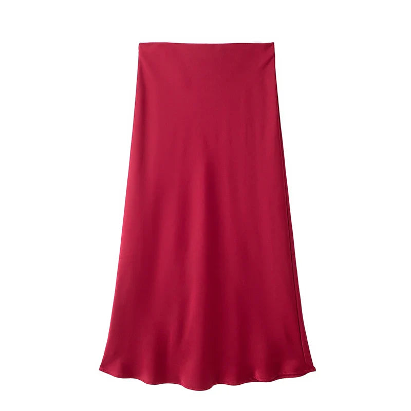 Willshela Women Fashion Satin Solid Pleated Midi Skirt Vintage Mid Elastic Waist Female Chic Lady Skirts