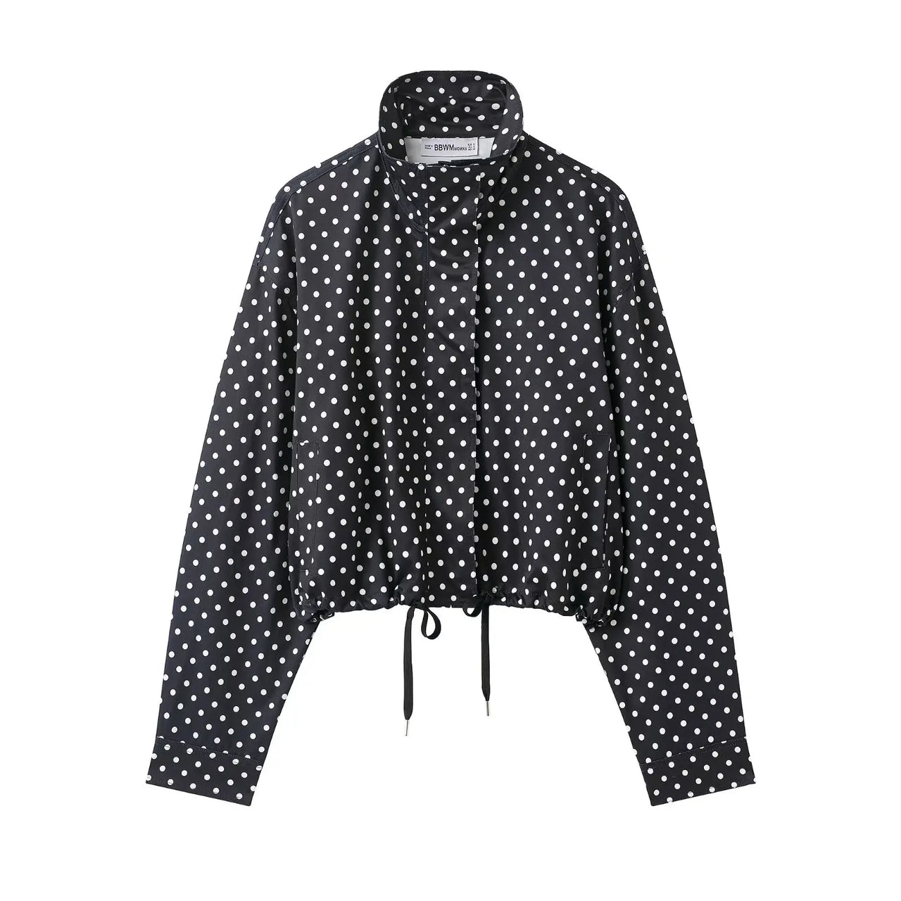 HH Fashion Women's Polka Dot Print Short Coats Autumn Long Sleeves Turtleneck Zipper With Pockets Drawstring Casual Jacket
