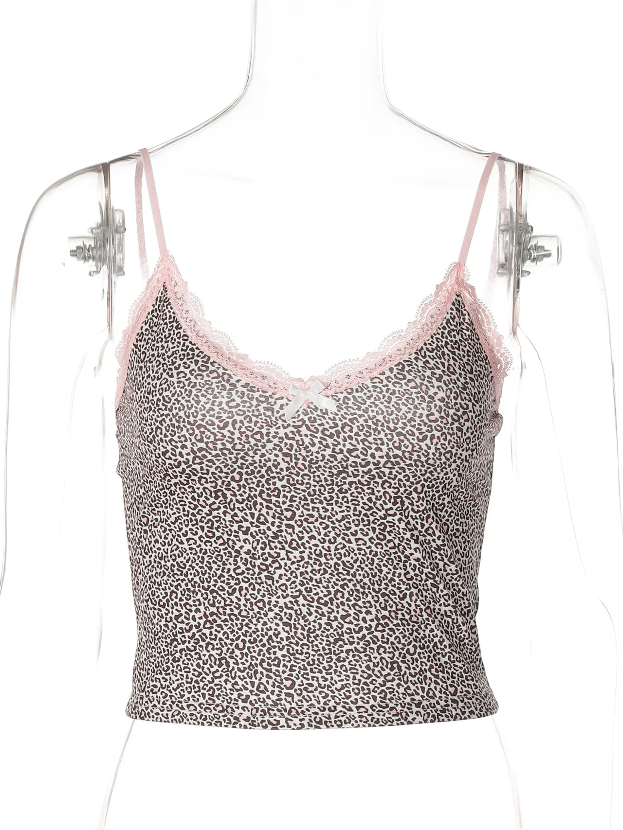 Hugcitar Fashion Leopard Print Slips Patchwork Lace Bow Sexy Slim Crop Camis Top Summer Women Festival Party Clothes Streetwear
