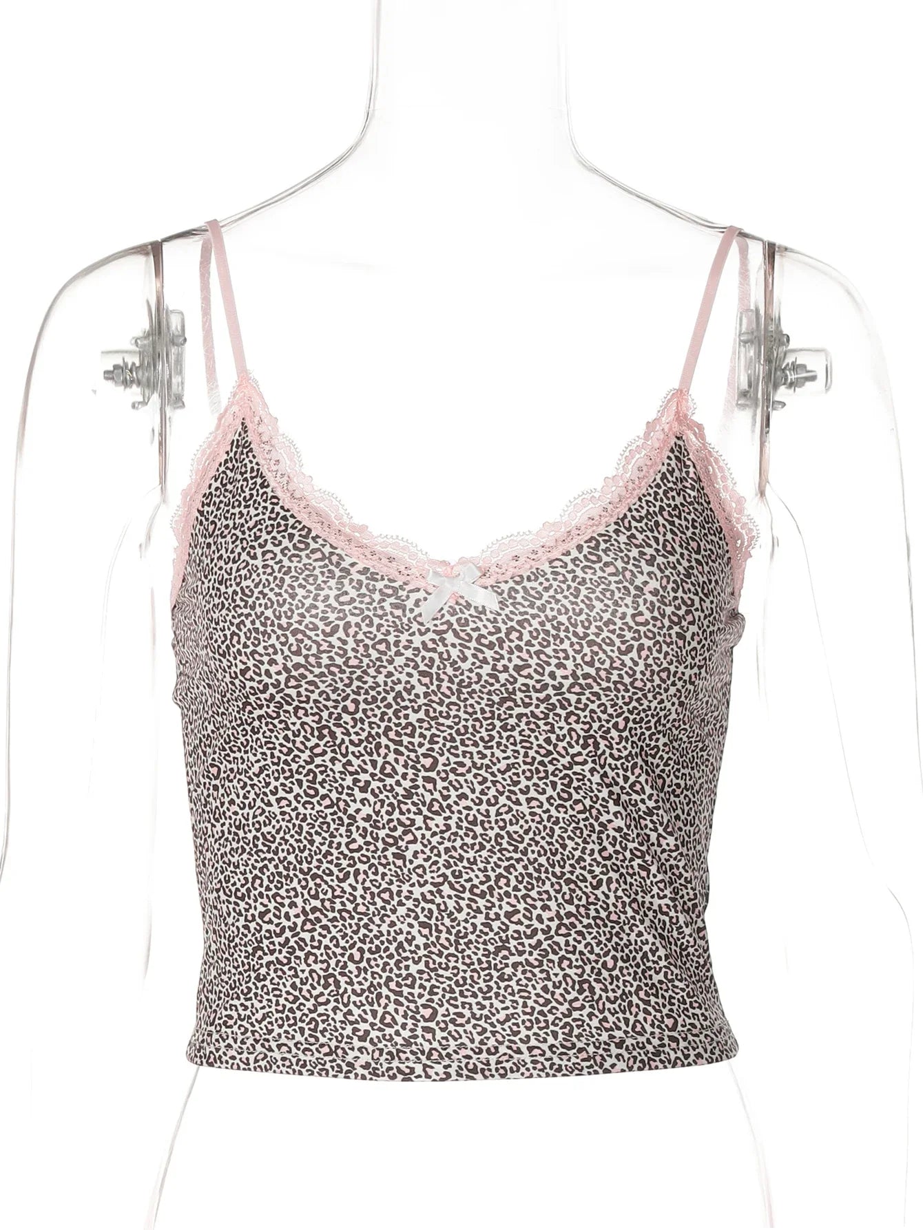 Hugcitar Fashion Leopard Print Slips Patchwork Lace Bow Sexy Slim Crop Camis Top Summer Women Festival Party Clothes Streetwear