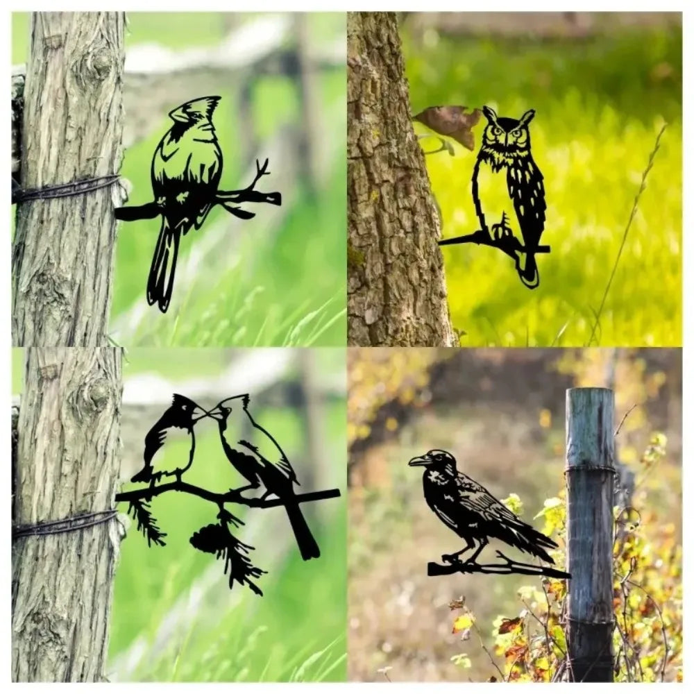 Metal Bird Tree Yard Decor - Crow & Owl Silhouette Steel Art Sculpture, Weather-Resistant Outdoor Garden Decor