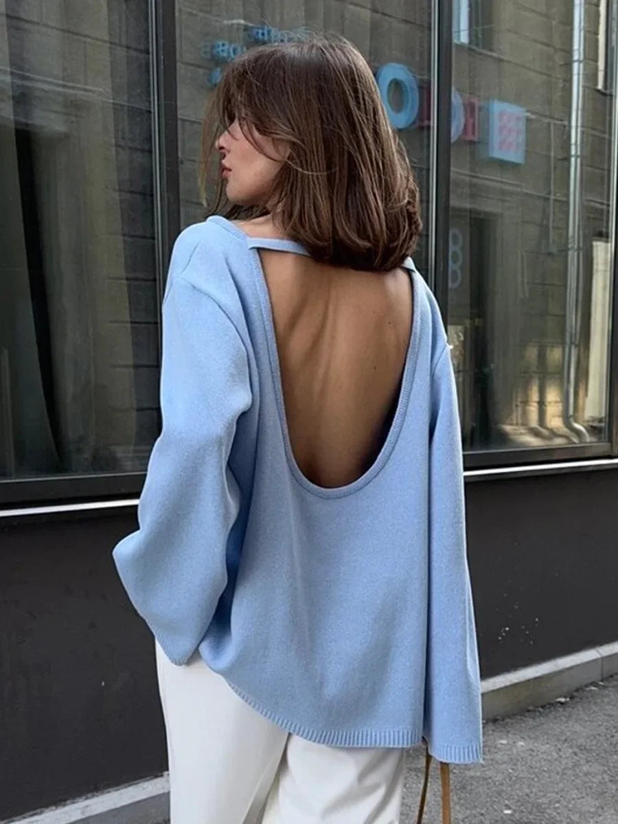 Wolfeel Autumn Winter New Women's Cotton Sweater Backless Design Loose Knit Pullover Jumper Fashionable Commuting Sweater