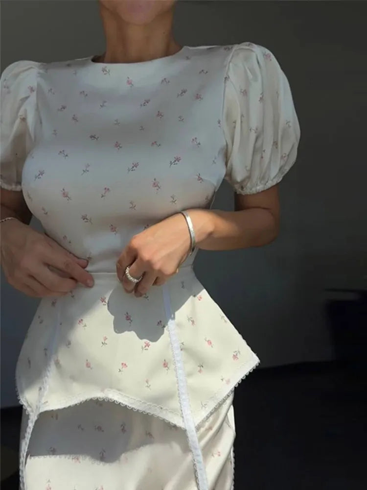 Women's White Floral Print Puff Sleeve Dress With Waistband Fashion Satin Ruffled Hem Maxi Dress Lady 2026 Elegant Party Robes