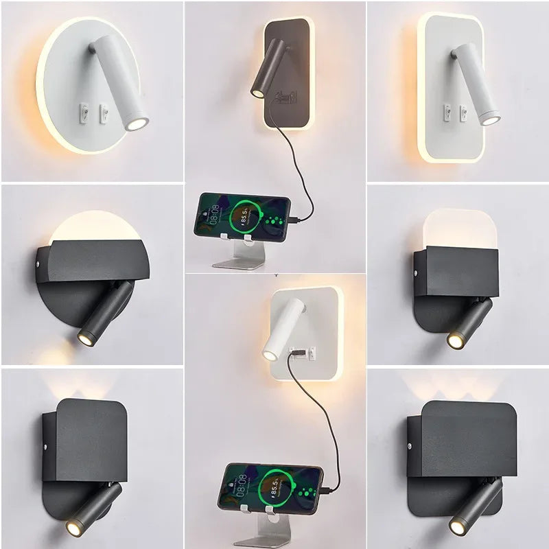 Modern Minimalist Led Wall Lamp USB Charging Indoor Bedroom Lamp Hotel Bedside Reading Lamp Wall Lights Sconce Switch AC 90~240V