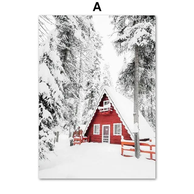 Winter Snow Scenery Picture Wall Art Canvas Painting Pine Santa Elk Poster and Print for Christmas Home Decor Living Room Design