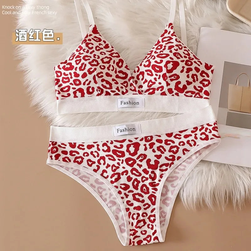 2025 Summer New Women's Leopard Print Traceless and Steel Rim Bra Adjustable Shoulder Strap Back Women's Underwear Set