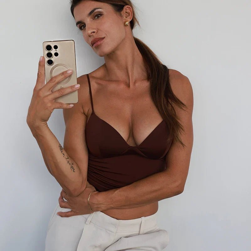 HXAO Woman Tops Corset Crop Top Women Sleeveless Black Brown Top With Straps Camisole Bodycon Backless Sexy Tops Bustier