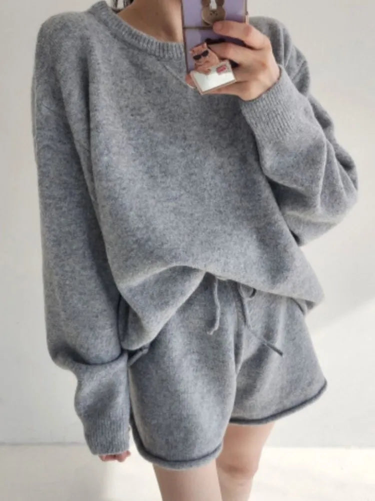 Korean Style Sweater Two 2 Piece Set Women Vintage Autumn Winter Pullover Knitted Tops + Casual Shorts 2 Piece Outfits Female
