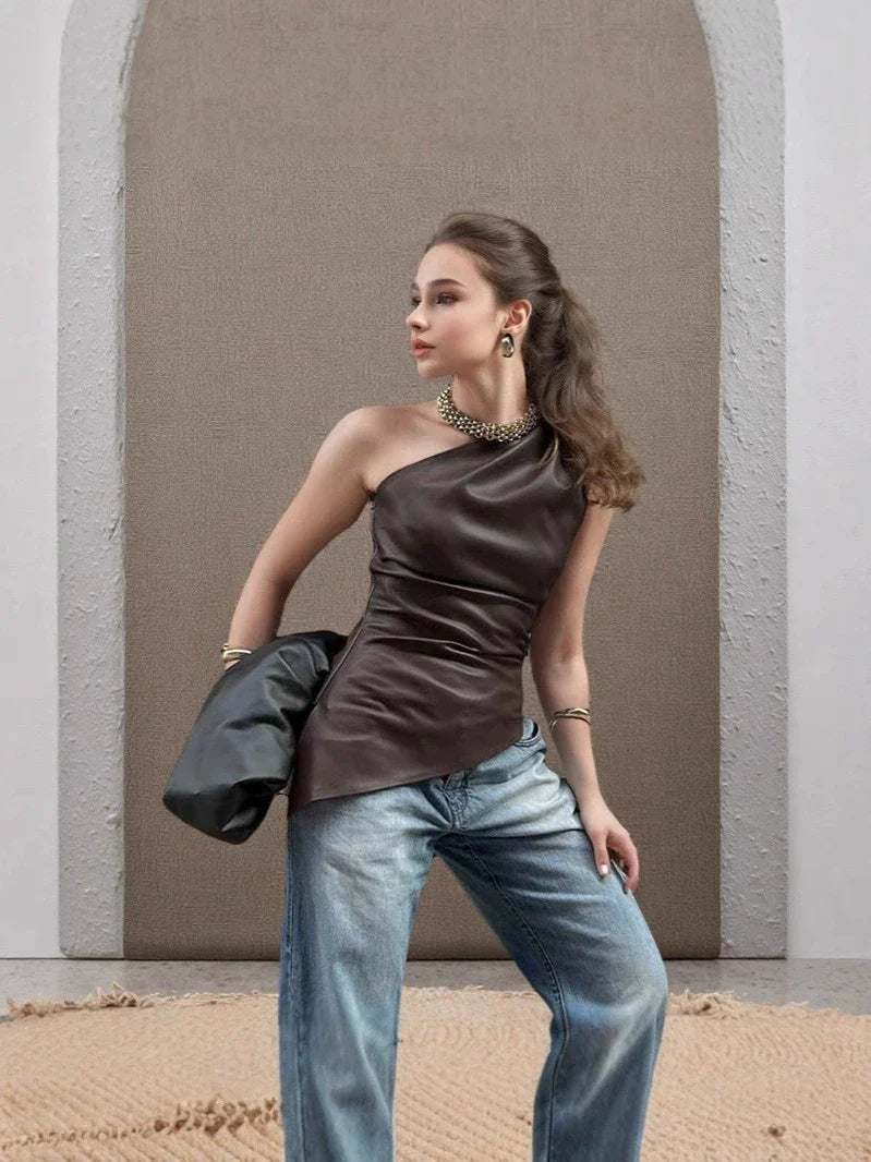 2024 Fall Snd Winter New Pure Color Slim Sleeveless One-Shoulder Slanting Collar Zipper Show Thin Jacket