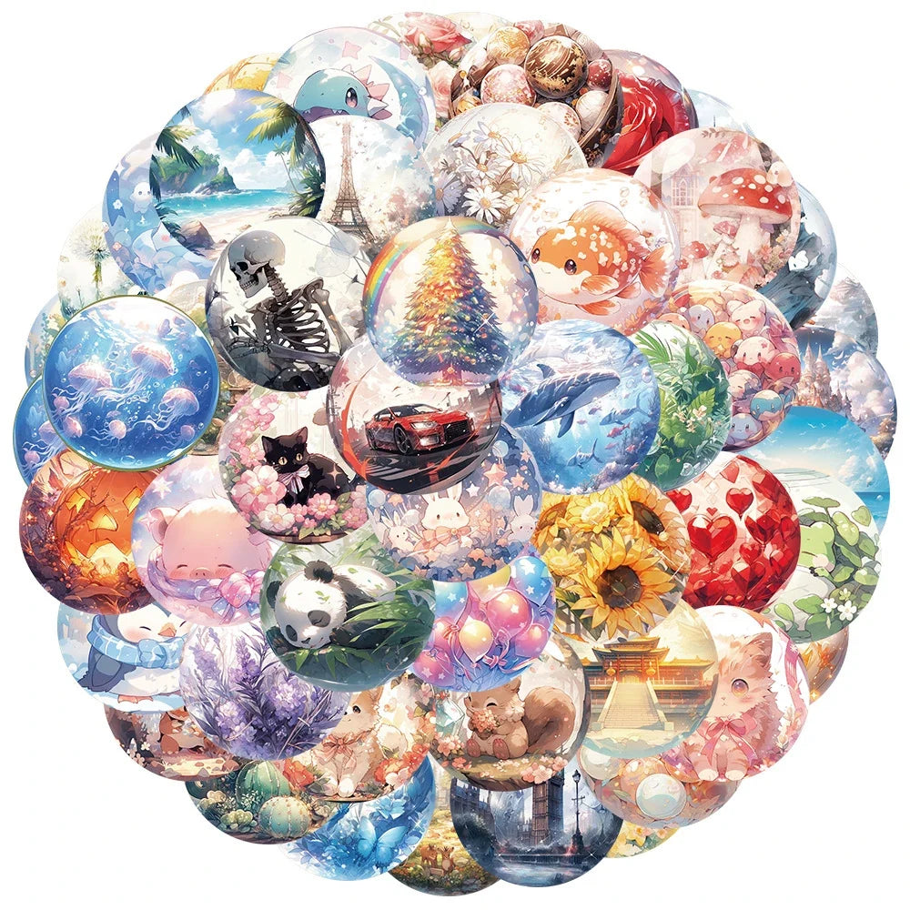 10/30/50pcs Kawaii World In Glass Bead Aesthetic Stickers Cute Ins Cartoon Animal Plant Decals DIY Laptop Car Decoration Sticker